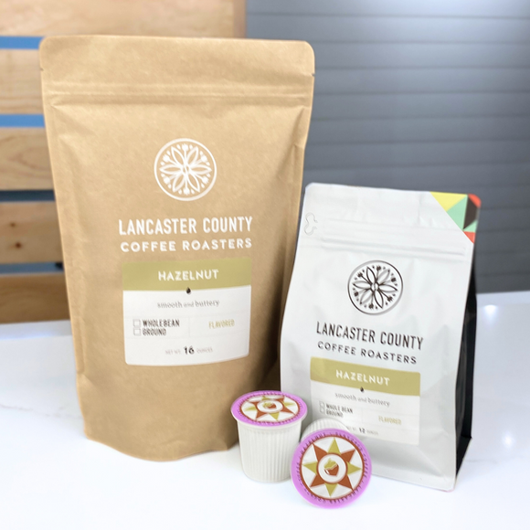 Hazelnut smooth and buttery Amish Coffee Beans and KCups- Lancaster County Coffee.