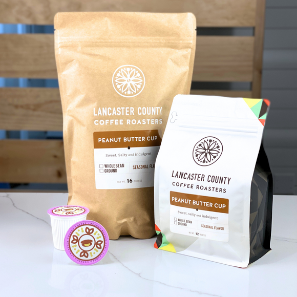 Peanut Butter Cup Coffee Bags and KCups, Sweet, Salty, and Indulgent Flavored Amish Coffee- Lancaster County Coffee