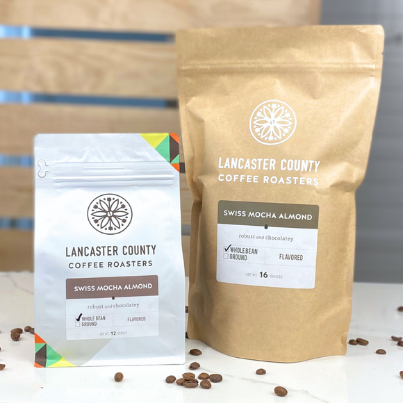 Swiss Mocha Almond robust and chocolatey coffee beans - Lancaster County Coffee.