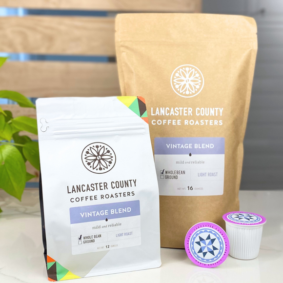 Vintage Blend mild and reliable Amish Coffee Bags and KCups- Lancaster Counfy Coffee.